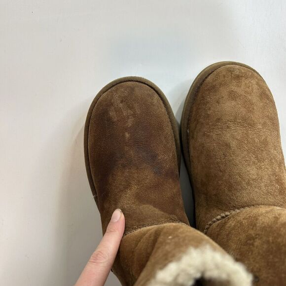 UGG Short Bailey Button Boots Womens 8 Chestnut Suede Shearling Flawed - Picture 6 of 8